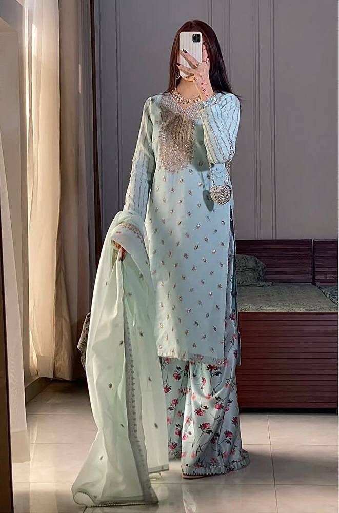 Exclusive Pista Color Embroidered Faux Georgette Suit with Printed Palazzo & Sequin Dupatta