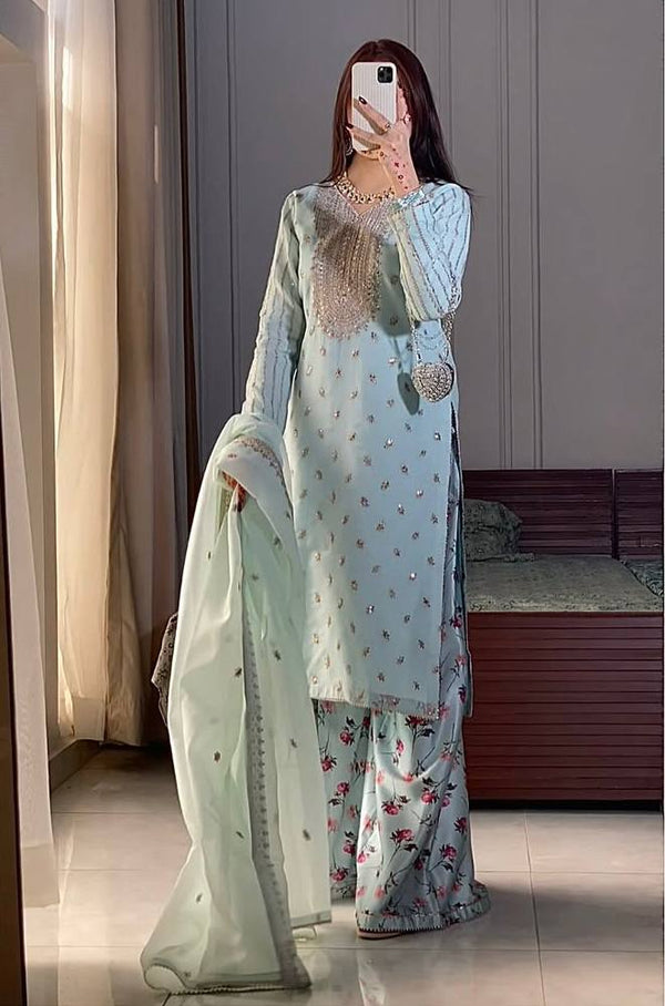 Exclusive Pista Color Embroidered Faux Georgette Suit with Printed Palazzo & Sequin Dupatta