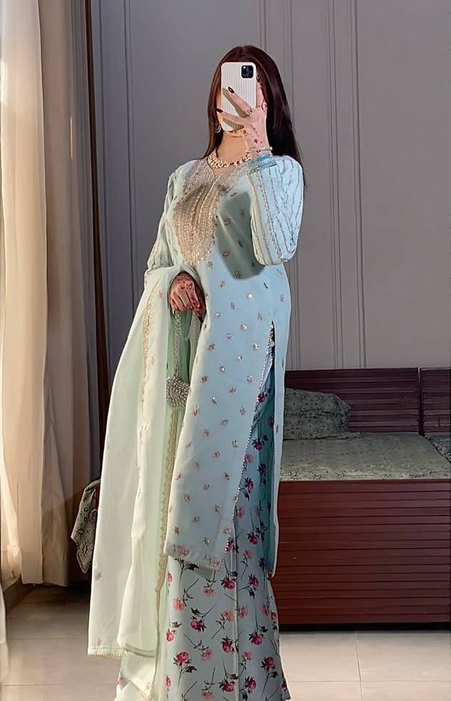 Exclusive Pista Color Embroidered Faux Georgette Suit with Printed Palazzo & Sequin Dupatta