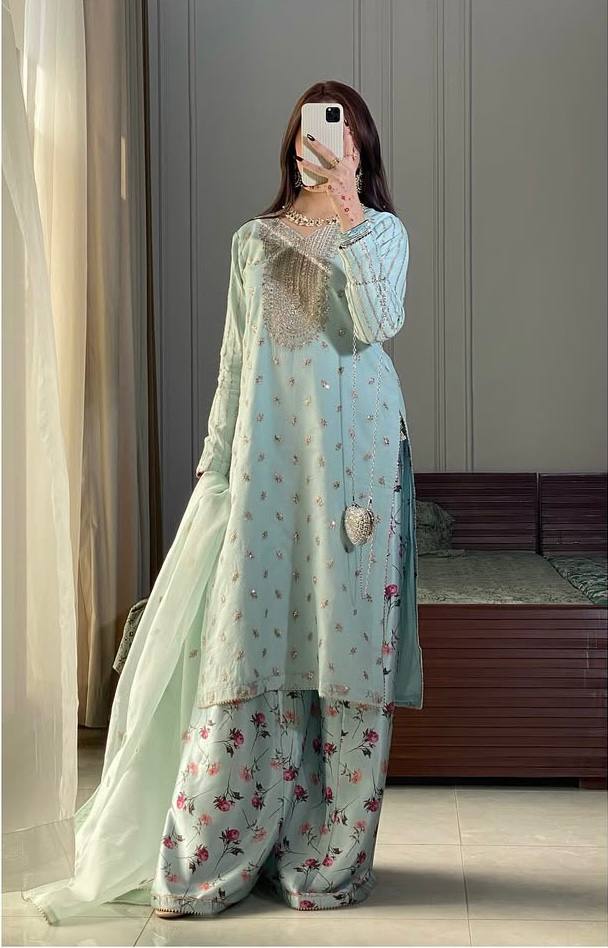 Exclusive Pista Color Embroidered Faux Georgette Suit with Printed Palazzo & Sequin Dupatta