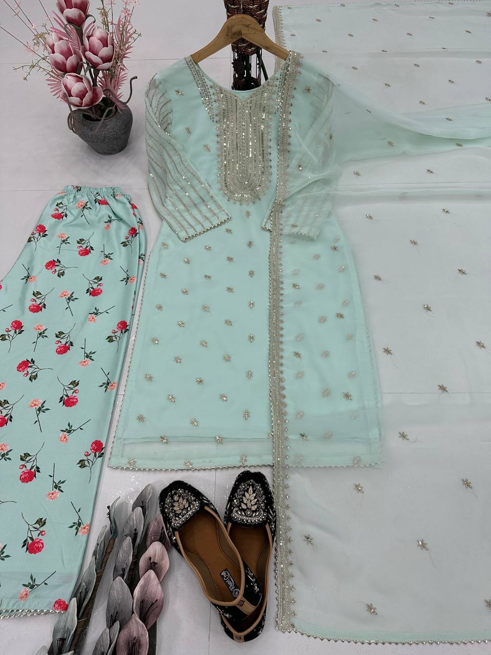 Exclusive Pista Color Embroidered Faux Georgette Suit with Printed Palazzo & Sequin Dupatta