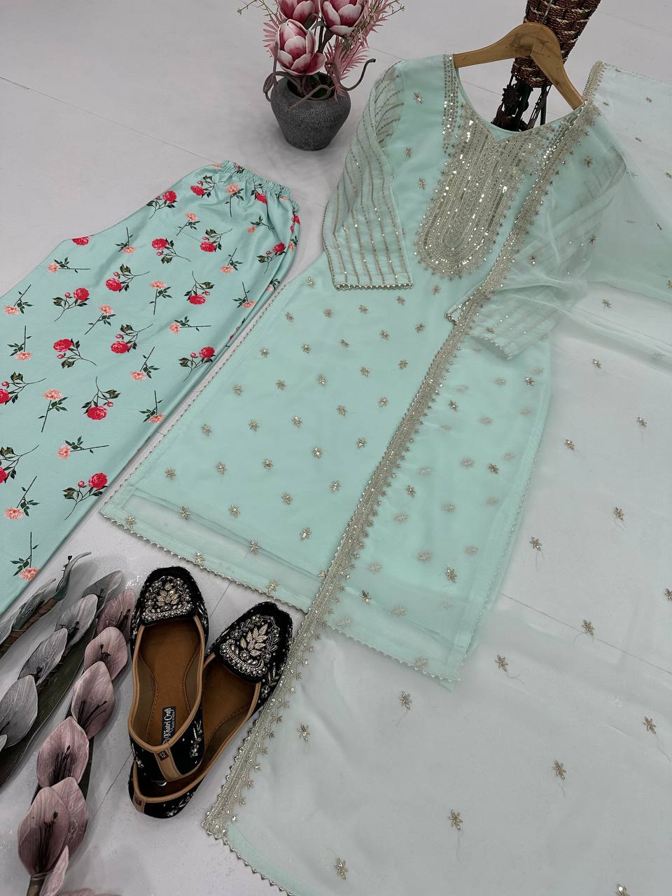 Exclusive Pista Color Embroidered Faux Georgette Suit with Printed Palazzo & Sequin Dupatta