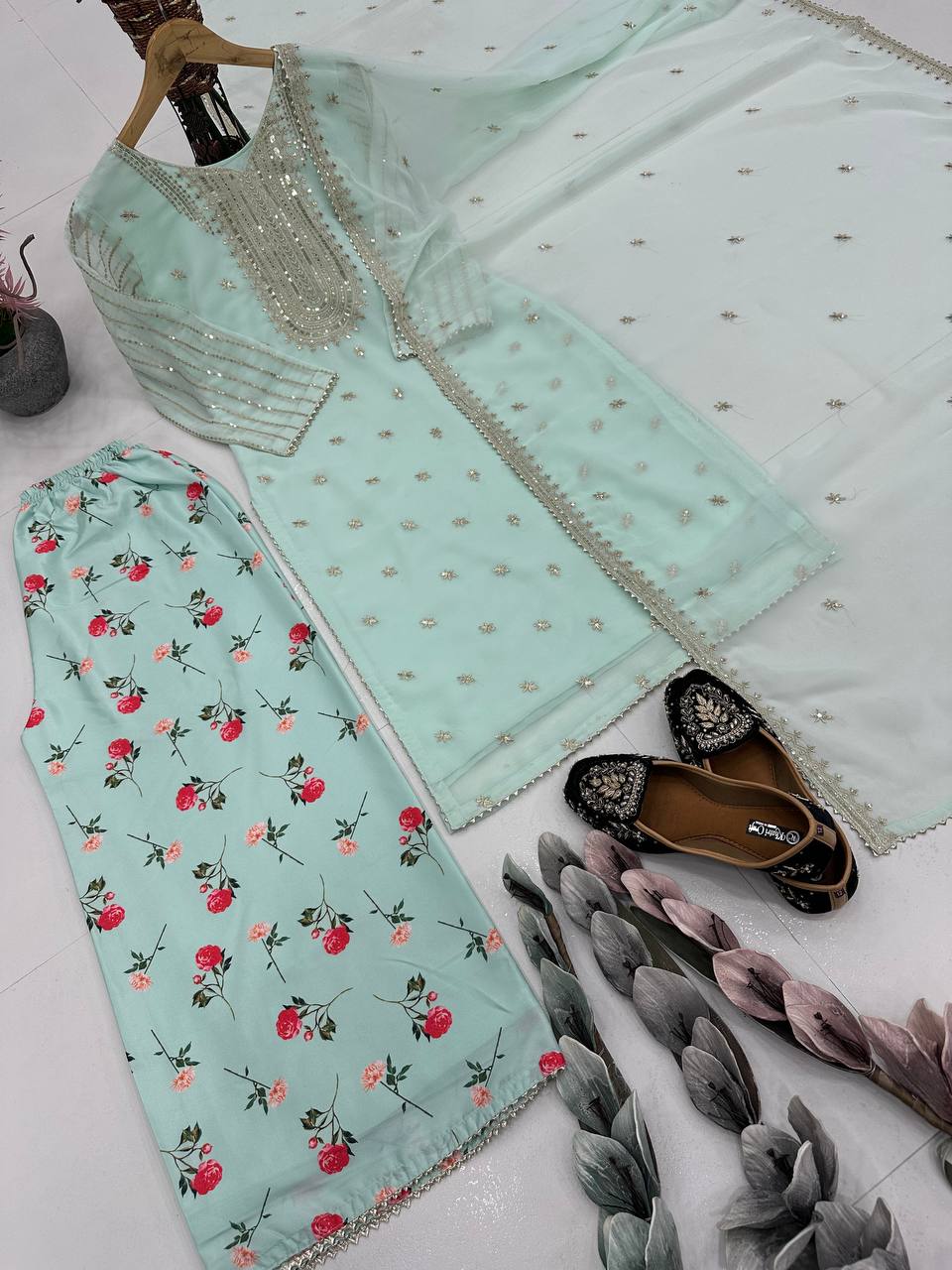 Exclusive Pista Color Embroidered Faux Georgette Suit with Printed Palazzo & Sequin Dupatta