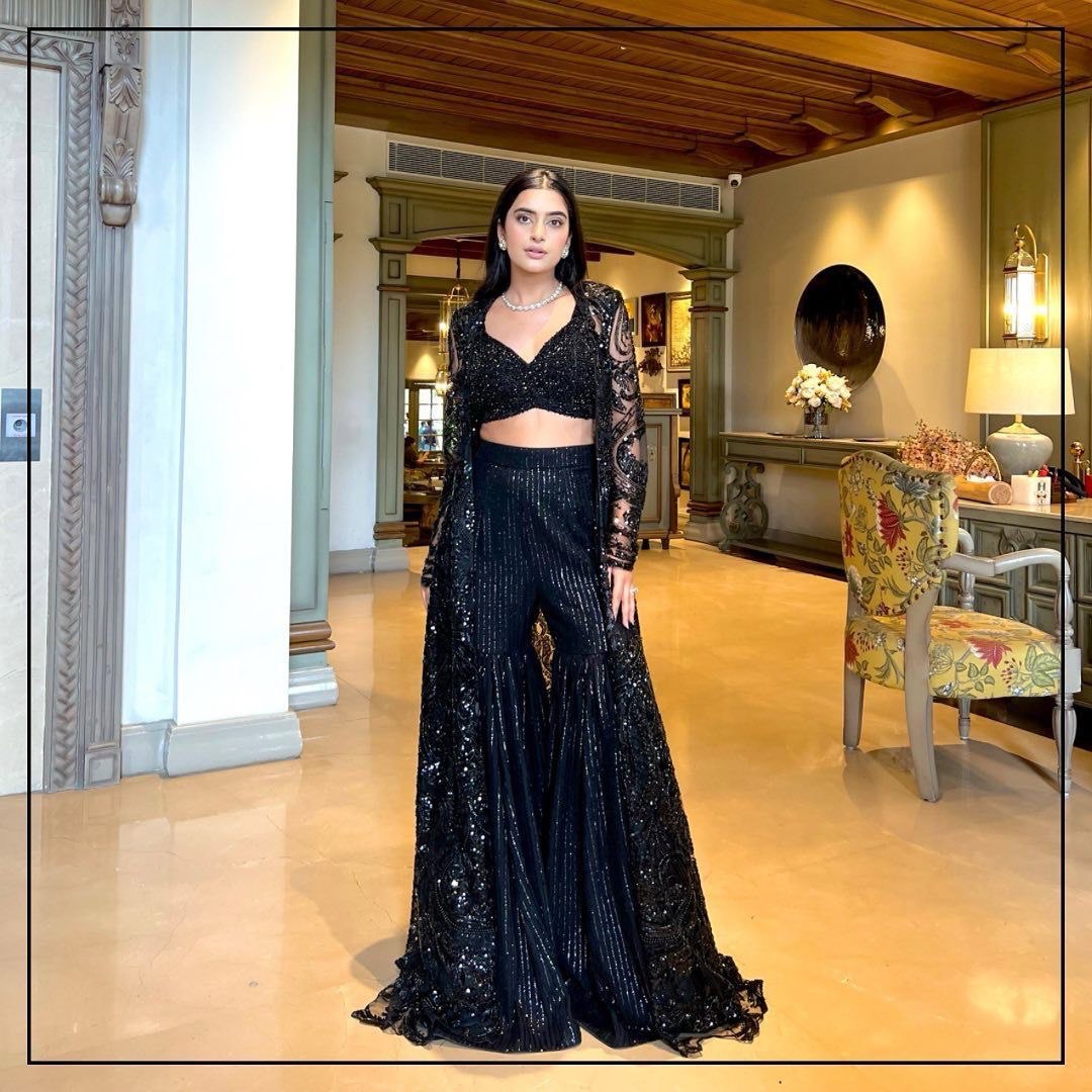 Ceremony Wear Black Color Soft Butterfly Net And Thread With Sequence Palazzo Suit