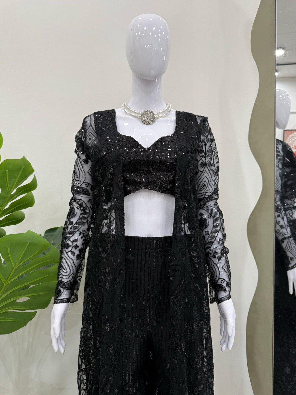 Ceremony Wear Black Color Soft Butterfly Net And Thread With Sequence Palazzo Suit