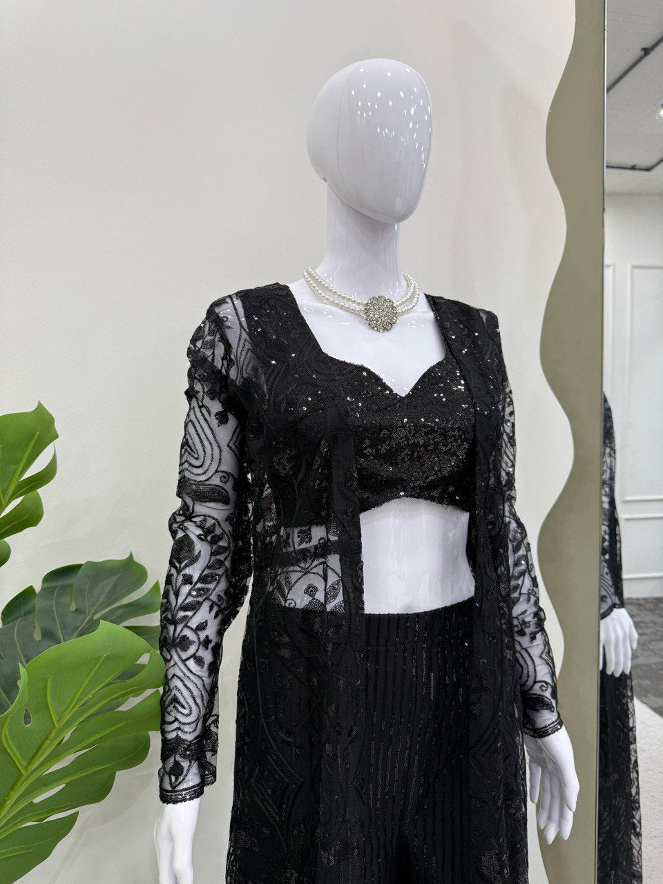Ceremony Wear Black Color Soft Butterfly Net And Thread With Sequence Palazzo Suit