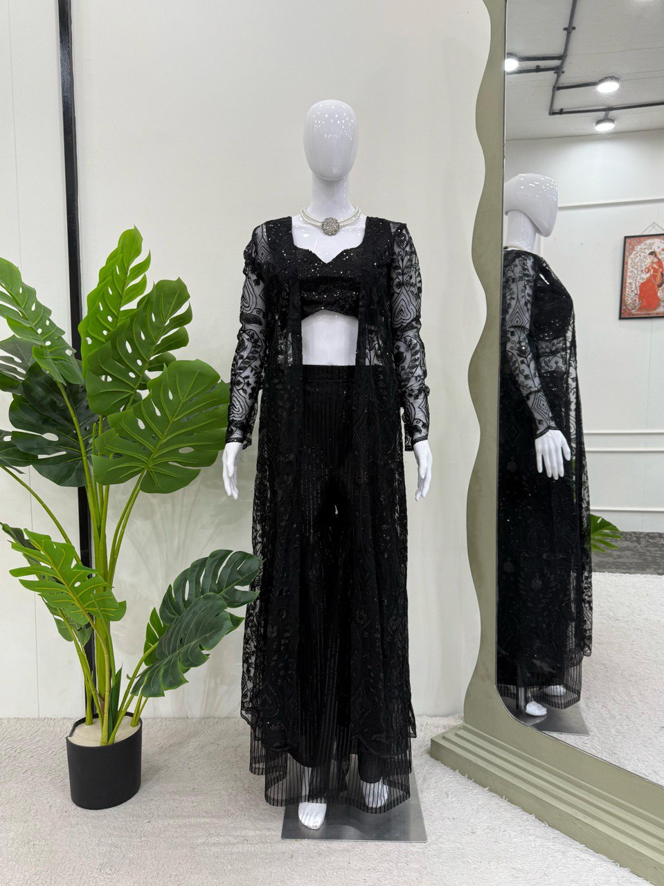 Ceremony Wear Black Color Soft Butterfly Net And Thread With Sequence Palazzo Suit