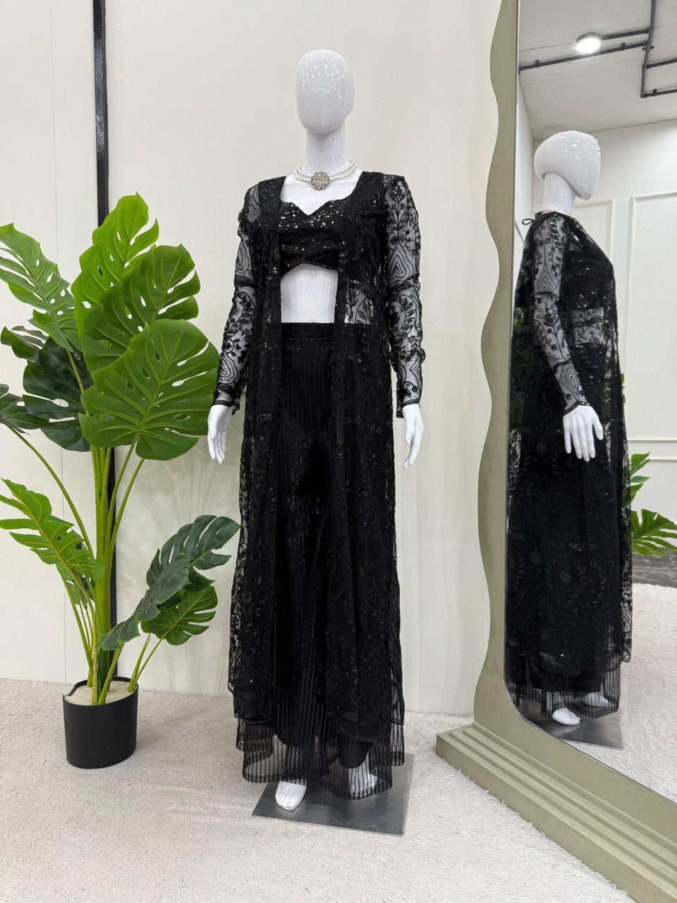 Ceremony Wear Black Color Soft Butterfly Net And Thread With Sequence Palazzo Suit