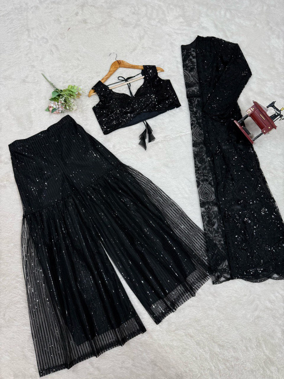 Ceremony Wear Black Color Soft Butterfly Net And Thread With Sequence Palazzo Suit
