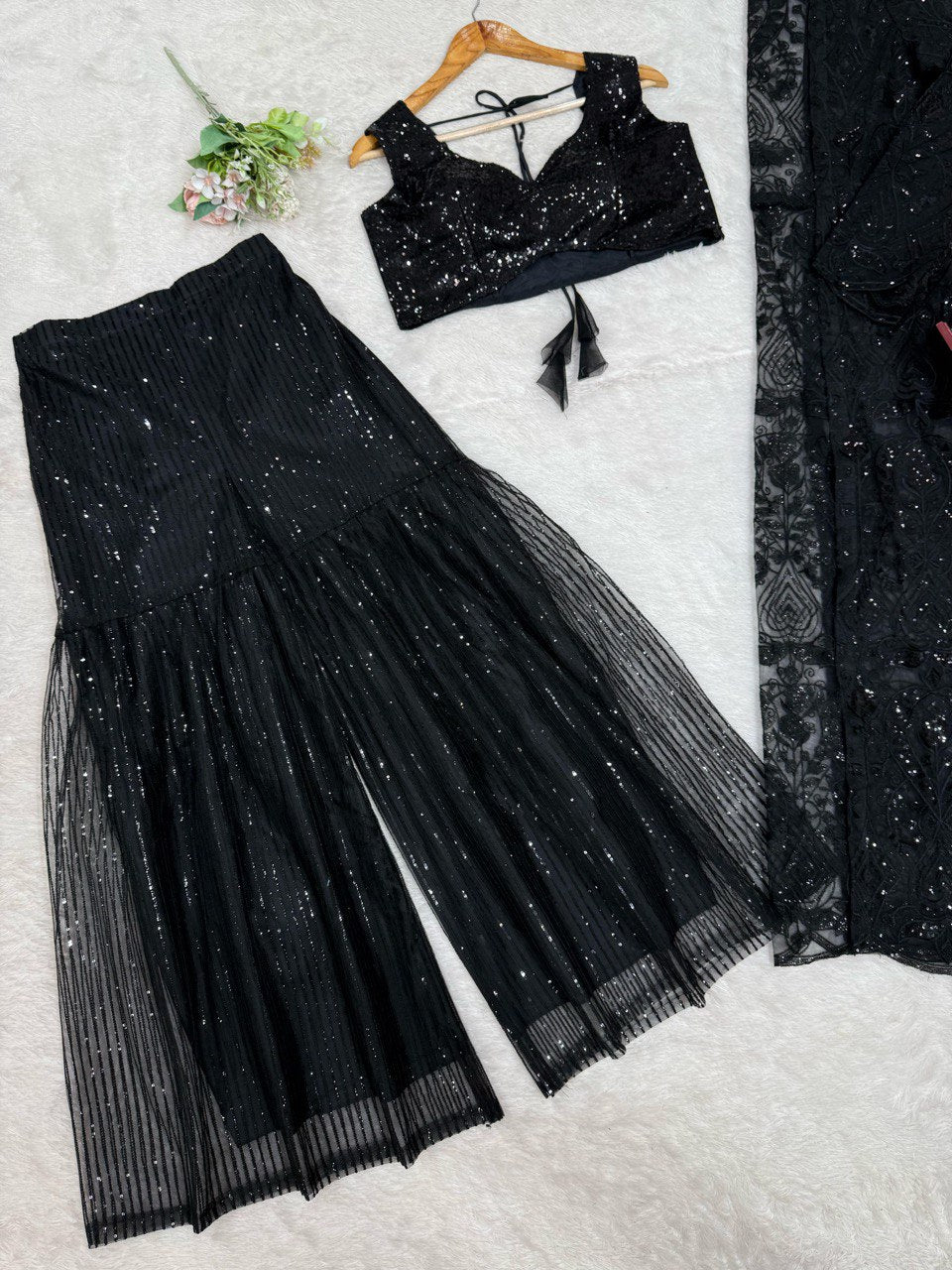Ceremony Wear Black Color Soft Butterfly Net And Thread With Sequence Palazzo Suit