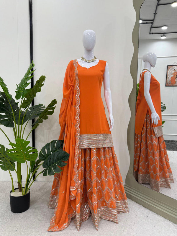Beautiful Orange Color Faux Georgette And Thread With 9mm Sequence Work Palazzo Suit