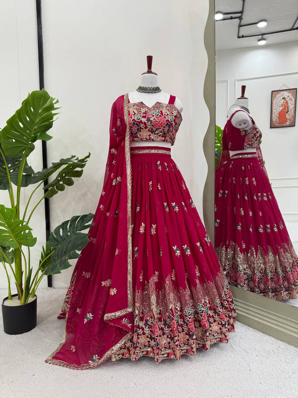 Wedding Wear Pink Color Soft Faux Georgette Thread Embroidery with Sequins and Coding Dori Work Lehenga Choli