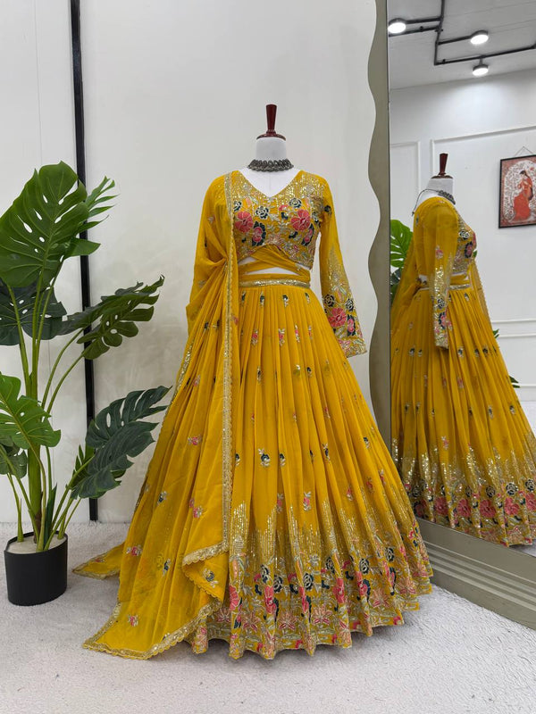 Haldi Wear Yellow Color Soft Faux Georgette Thread Embroidery with Sequins and Coding Dori Work Lehenga Choli