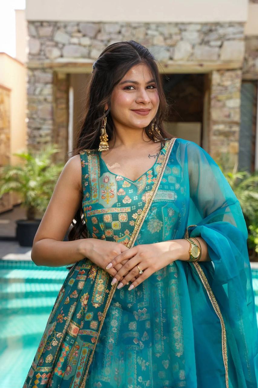 Ceremony Wear Aqua Blue Color Pure Jimmy Organza Silk With Digital Printed Designer Gown