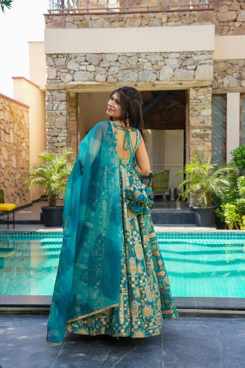 Ceremony Wear Aqua Blue Color Pure Jimmy Organza Silk With Digital Printed Designer Gown