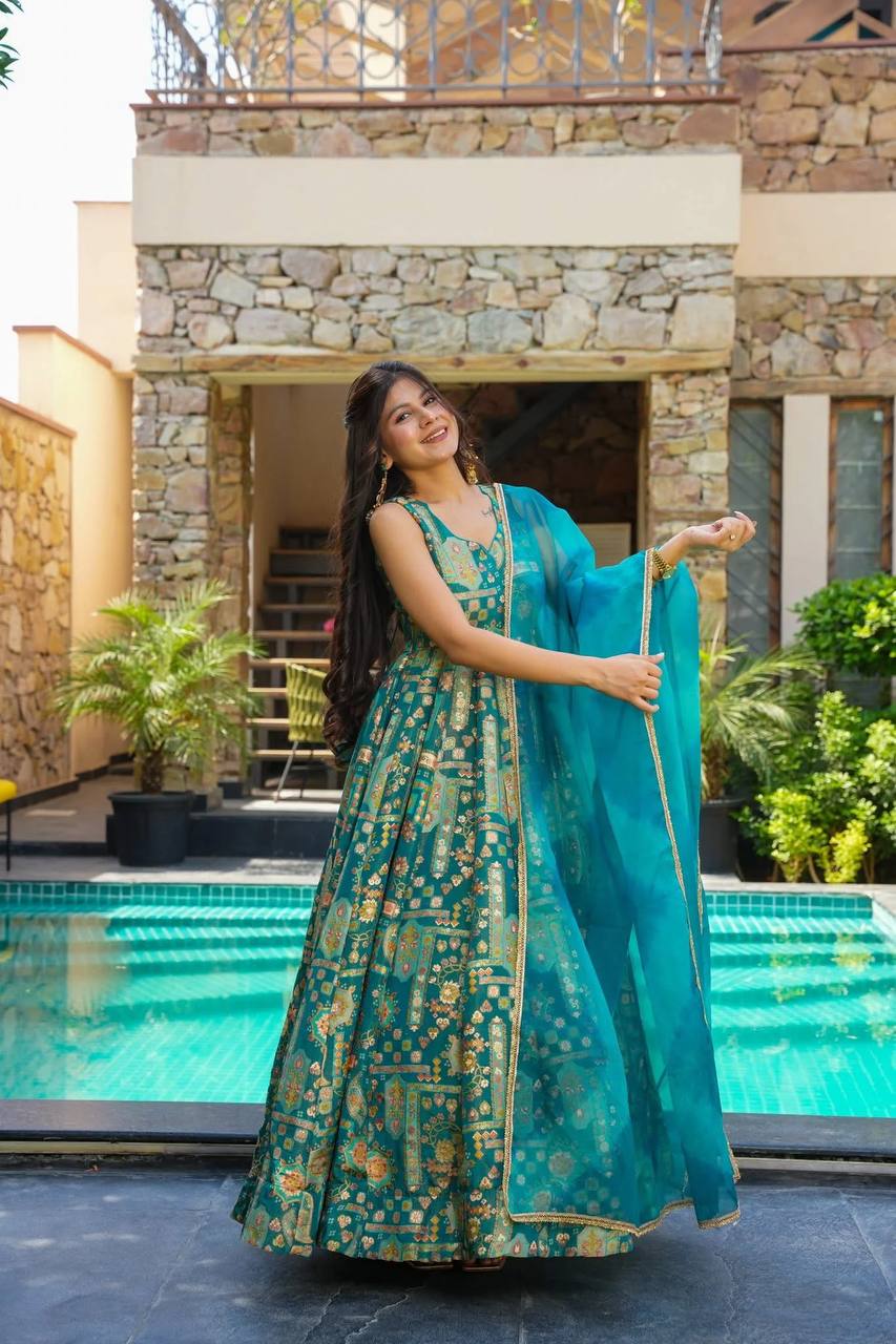 Ceremony Wear Aqua Blue Color Pure Jimmy Organza Silk With Digital Printed Designer Gown