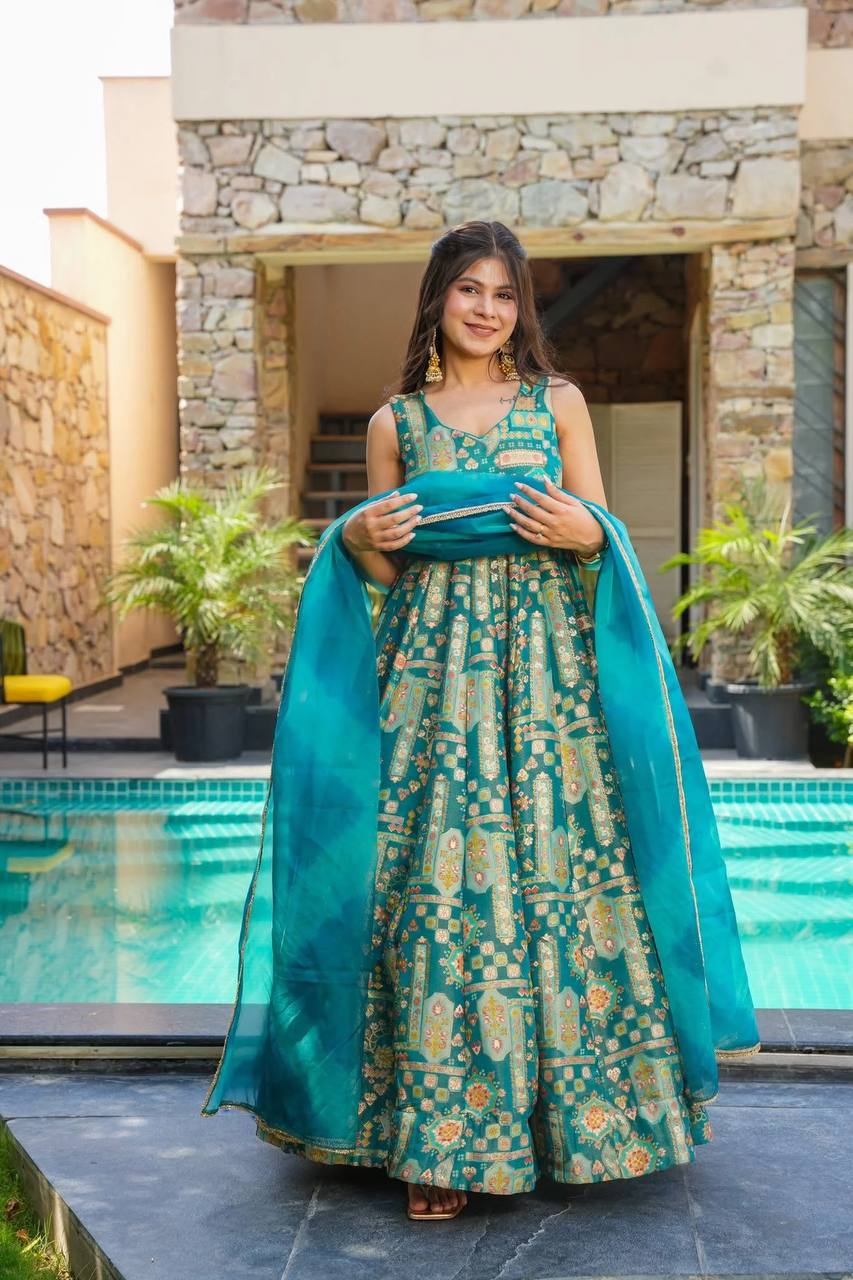 Ceremony Wear Aqua Blue Color Pure Jimmy Organza Silk With Digital Printed Designer Gown