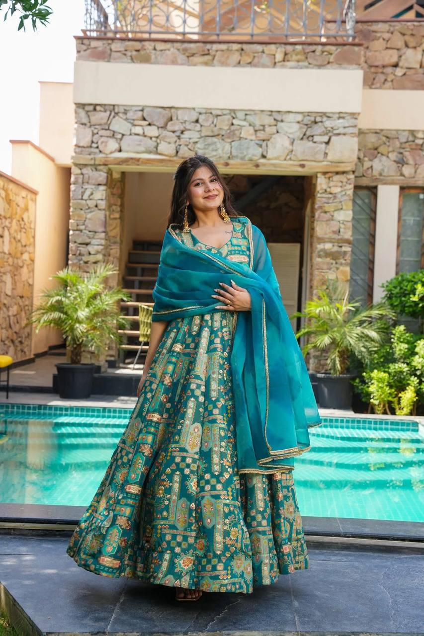 Ceremony Wear Aqua Blue Color Pure Jimmy Organza Silk With Digital Printed Designer Gown