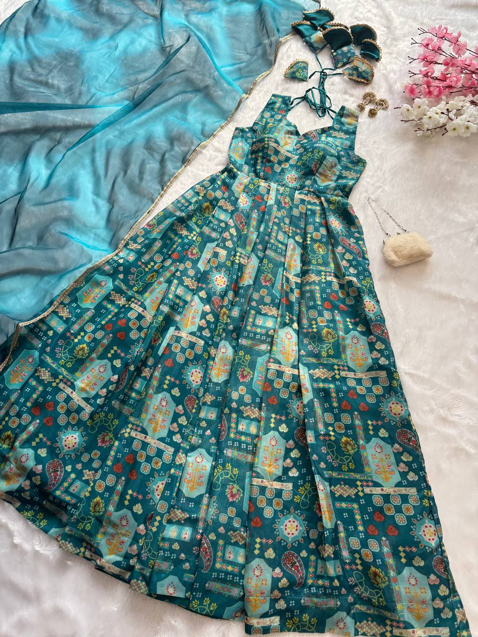 Ceremony Wear Aqua Blue Color Pure Jimmy Organza Silk With Digital Printed Designer Gown