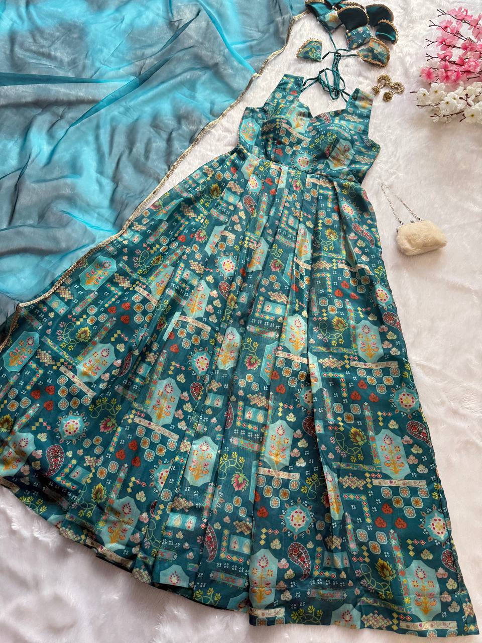 Ceremony Wear Aqua Blue Color Pure Jimmy Organza Silk With Digital Printed Designer Gown