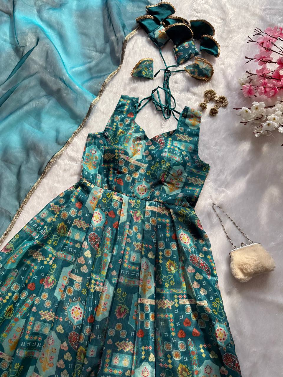 Ceremony Wear Aqua Blue Color Pure Jimmy Organza Silk With Digital Printed Designer Gown