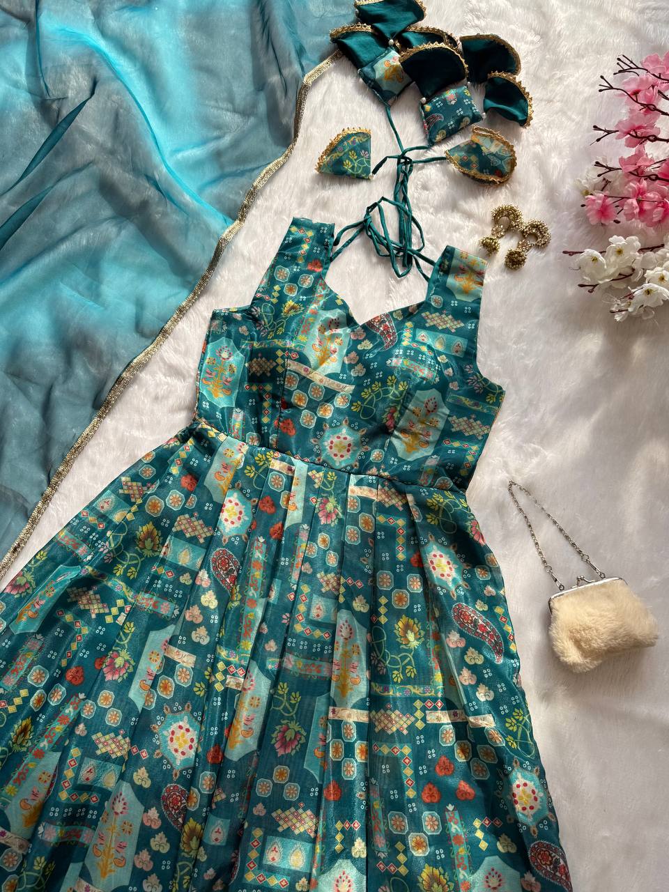 Ceremony Wear Aqua Blue Color Pure Jimmy Organza Silk With Digital Printed Designer Gown