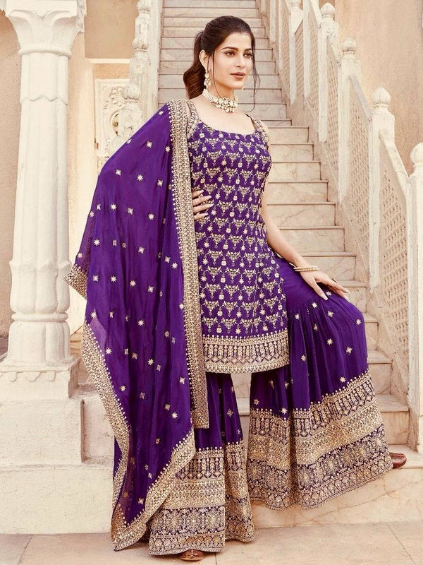 Sangeet Wear Purple Color Soft Faux Georgette Thread Embroidery With Sequins Work Sharara Suit