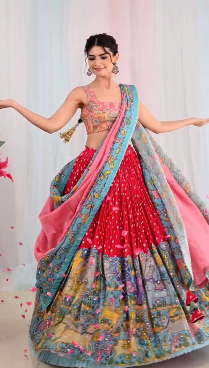 Wedding Wear Red Color Cotton With Kalamkari Printed Designer Lehenga Choli