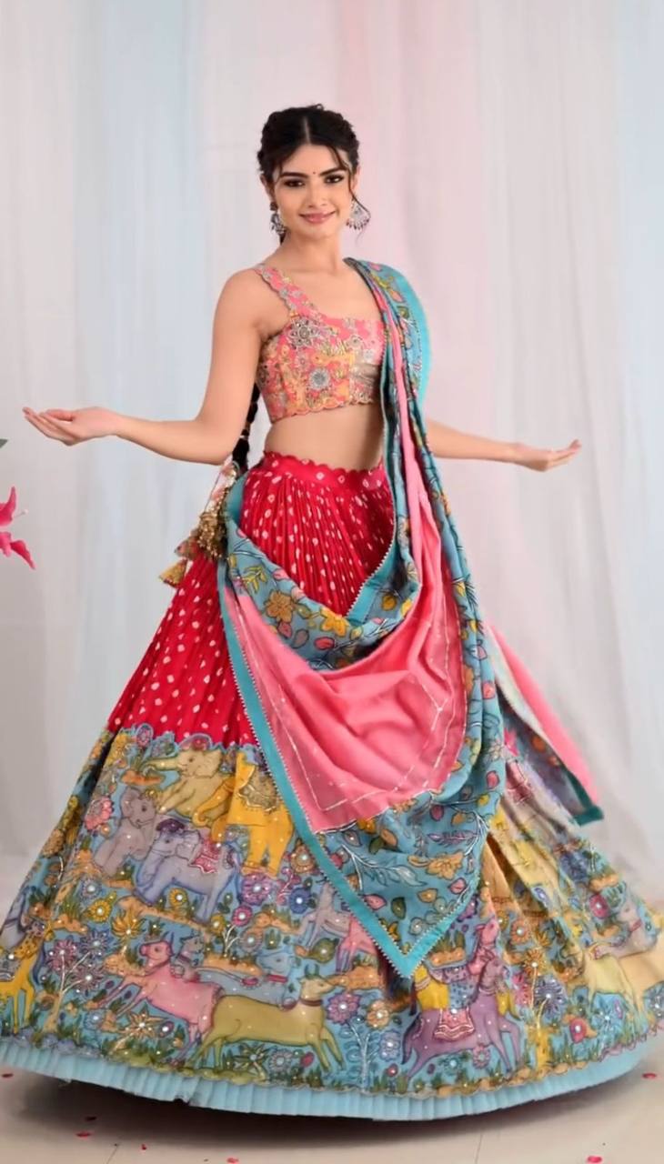 Wedding Wear Red Color Cotton With Kalamkari Printed Designer Lehenga Choli