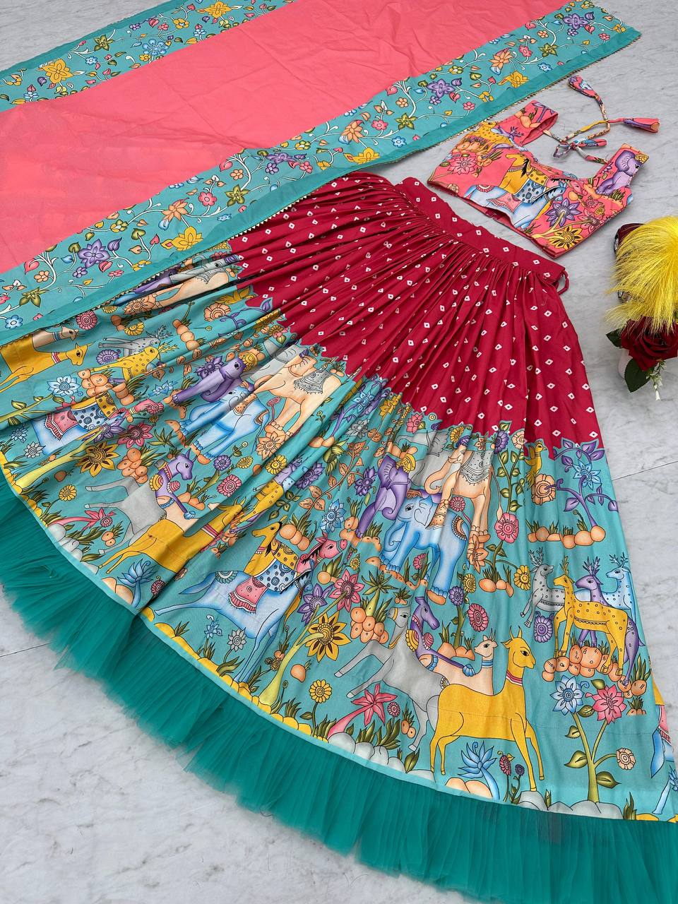 Wedding Wear Red Color Cotton With Kalamkari Printed Designer Lehenga Choli
