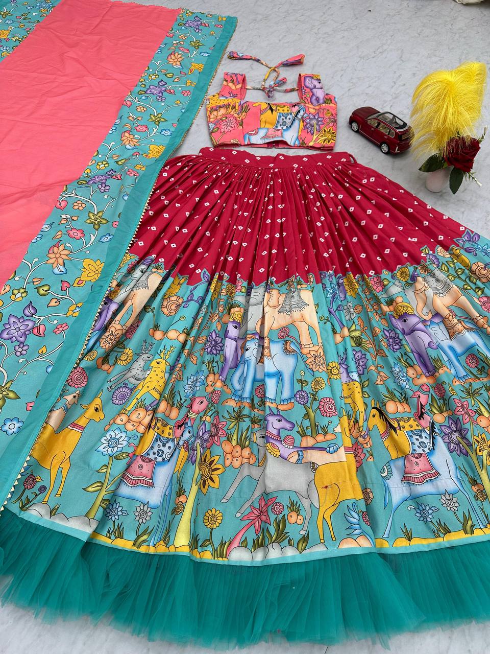 Wedding Wear Red Color Cotton With Kalamkari Printed Designer Lehenga Choli