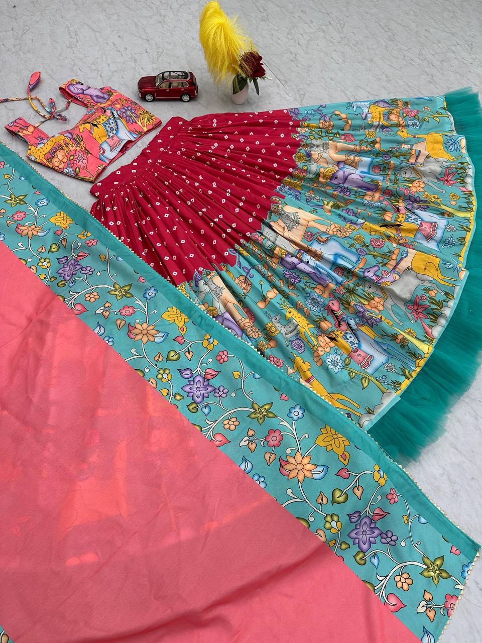 Wedding Wear Red Color Cotton With Kalamkari Printed Designer Lehenga Choli