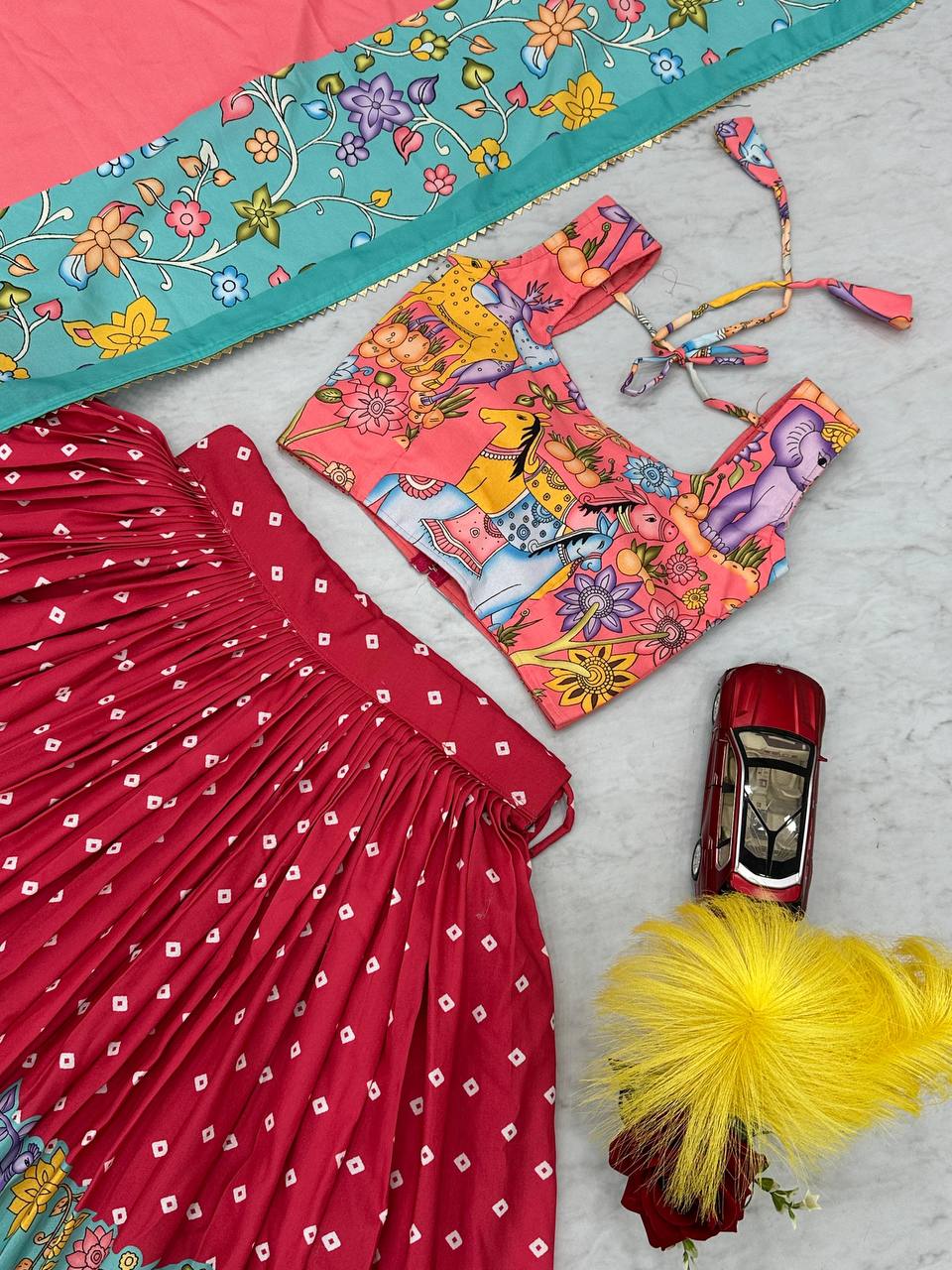 Wedding Wear Red Color Cotton With Kalamkari Printed Designer Lehenga Choli