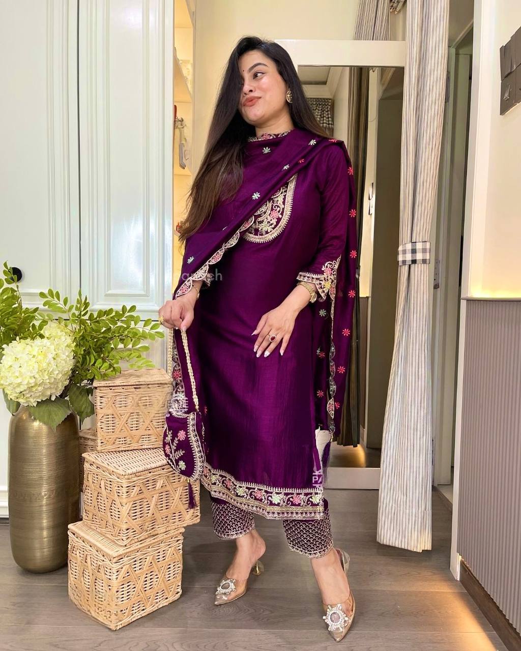Designer Wine Color Chinon Silk Heavy Embroidered Work Pakistani Suit With Dupatta