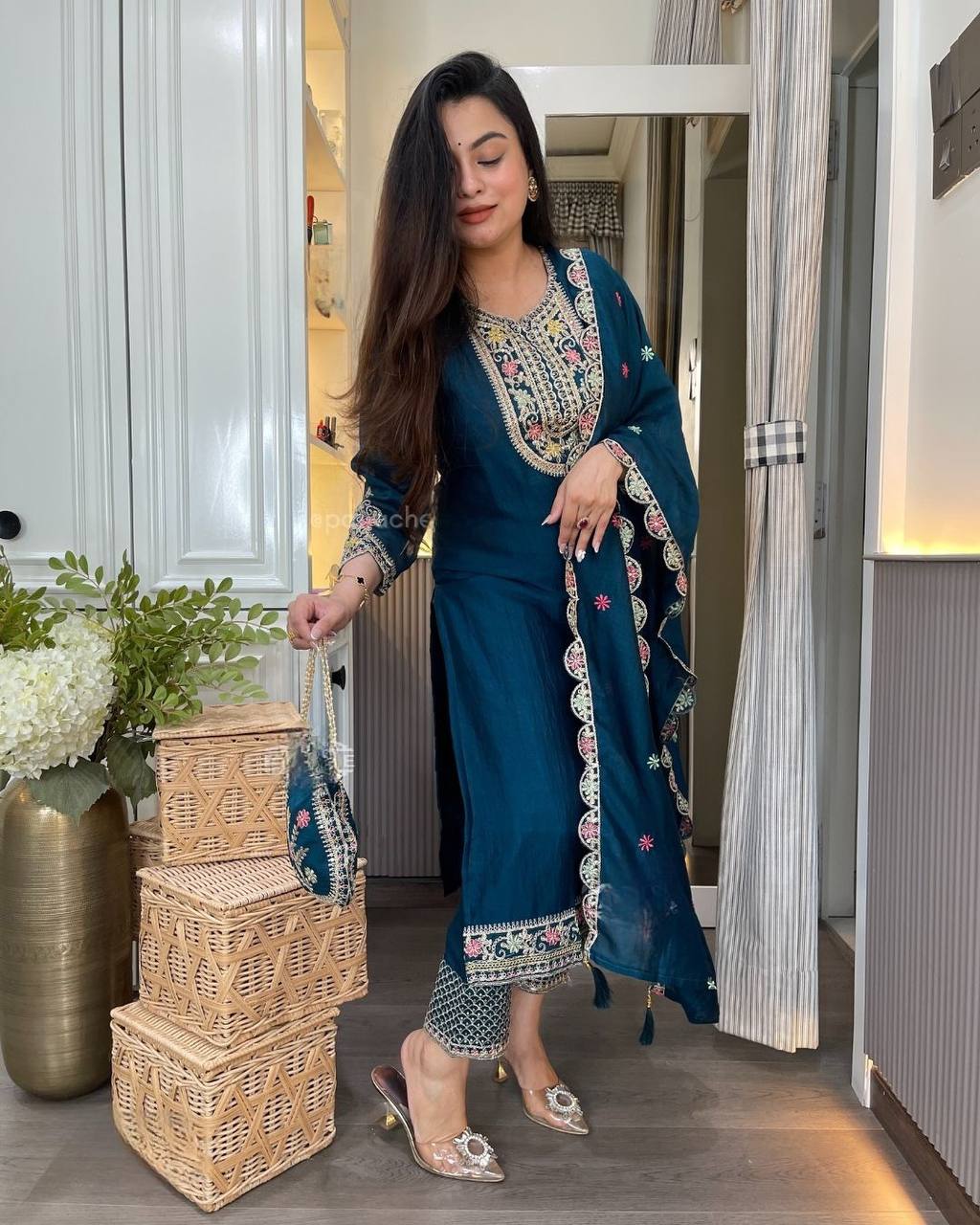 Designer Navy Blue Color Chinon Silk Heavy Embroidered Work Pakistani Suit With Dupatta