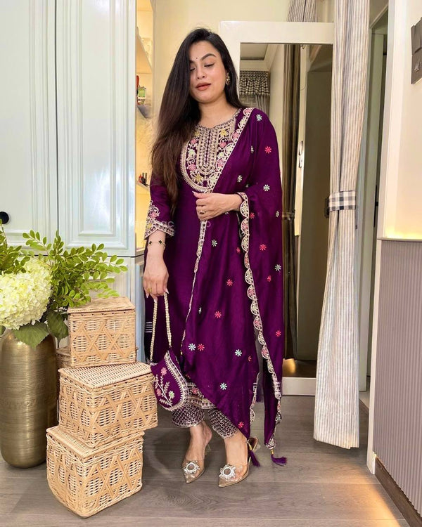 Designer Wine Color Chinon Silk Heavy Embroidered Work Pakistani Suit With Dupatta