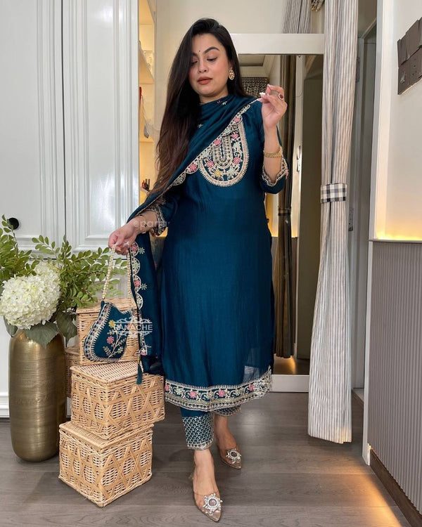 Designer Navy Blue Color Chinon Silk Heavy Embroidered Work Pakistani Suit With Dupatta