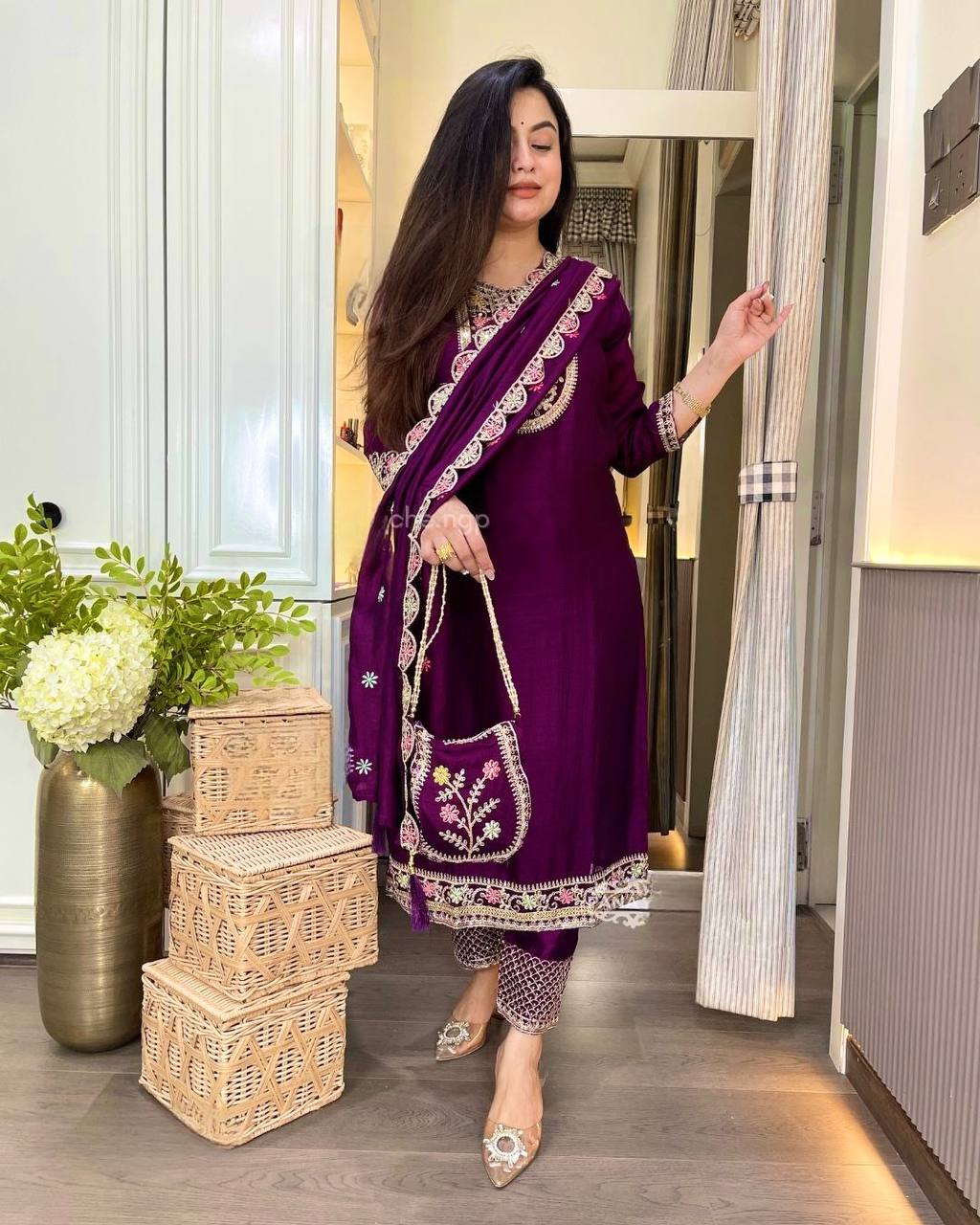 Designer Wine Color Chinon Silk Heavy Embroidered Work Pakistani Suit With Dupatta