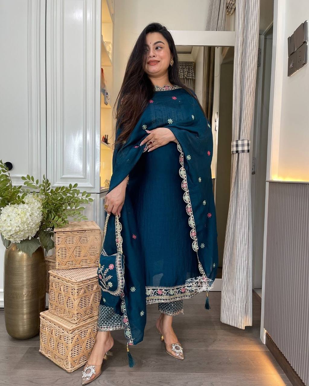 Designer Navy Blue Color Chinon Silk Heavy Embroidered Work Pakistani Suit With Dupatta