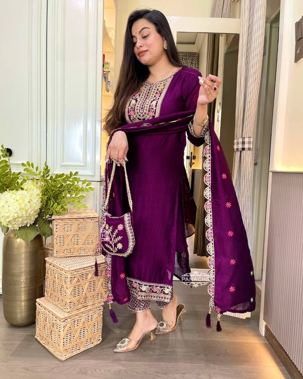 Designer Wine Color Chinon Silk Heavy Embroidered Work Pakistani Suit With Dupatta