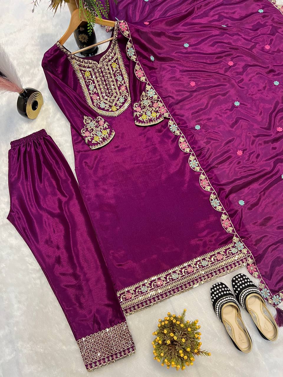 Designer Wine Color Chinon Silk Heavy Embroidered Work Pakistani Suit With Dupatta