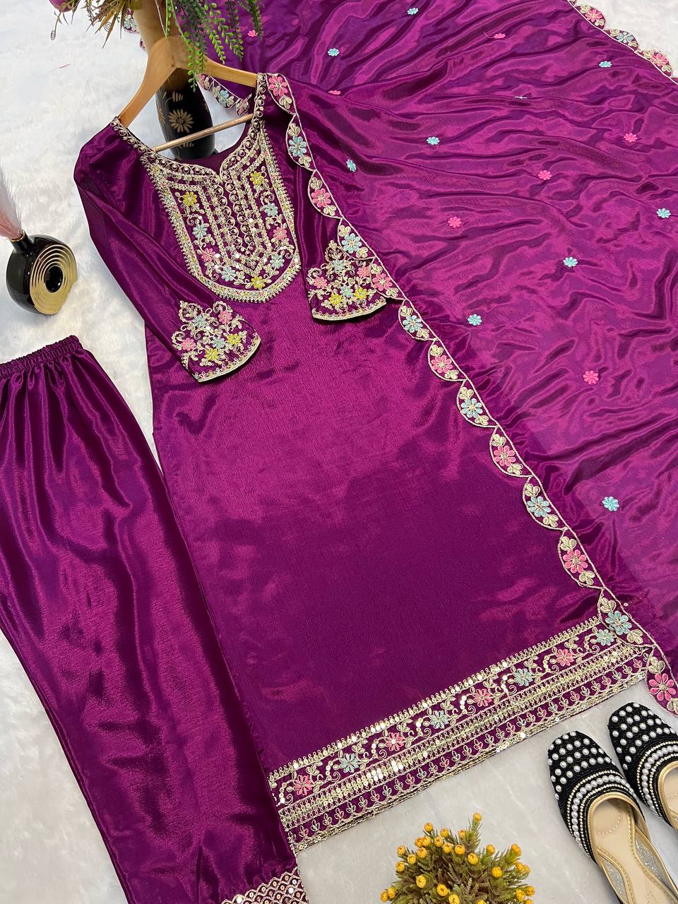 Designer Wine Color Chinon Silk Heavy Embroidered Work Pakistani Suit With Dupatta