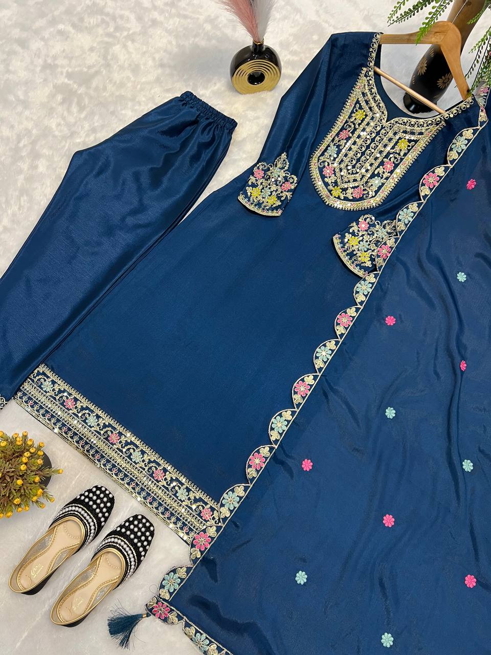 Designer Navy Blue Color Chinon Silk Heavy Embroidered Work Pakistani Suit With Dupatta