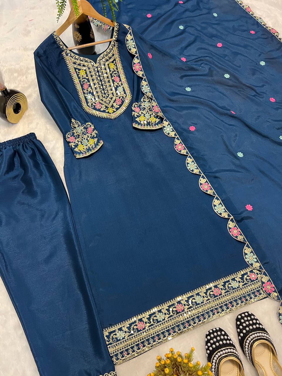 Designer Navy Blue Color Chinon Silk Heavy Embroidered Work Pakistani Suit With Dupatta