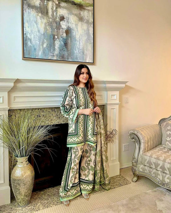 Mehendi Wear Green Color Pure Natural Crepe Matching Digital Printed Co-ord Palazzo Suit Set