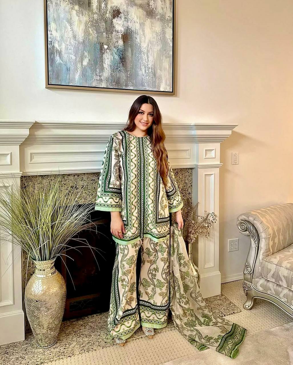 Mehendi Wear Green Color Pure Natural Crepe Matching Digital Printed Co-ord Palazzo Suit Set