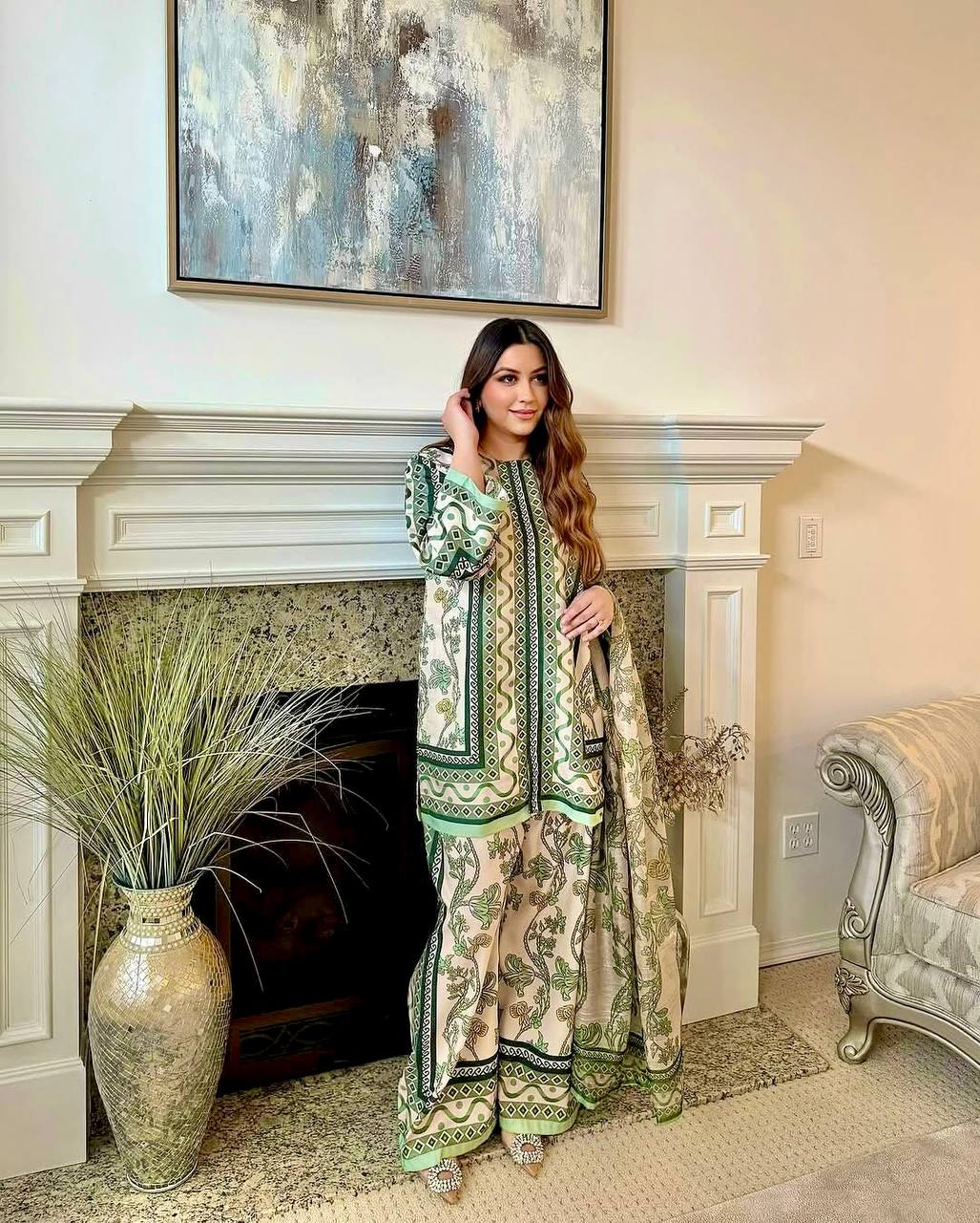 Mehendi Wear Green Color Pure Natural Crepe Matching Digital Printed Co-ord Palazzo Suit Set