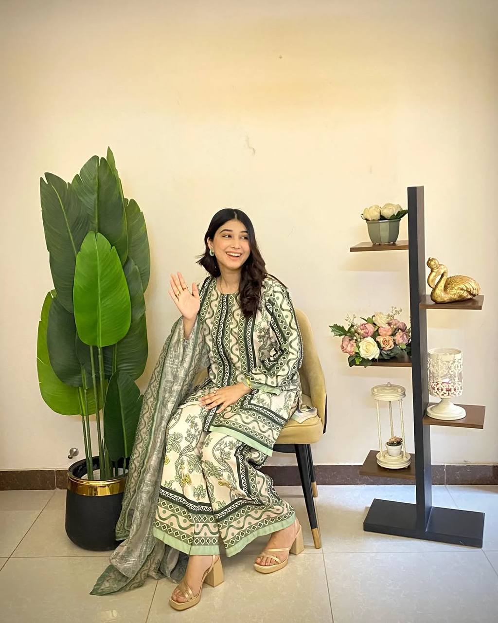 Mehendi Wear Green Color Pure Natural Crepe Matching Digital Printed Co-ord Palazzo Suit Set