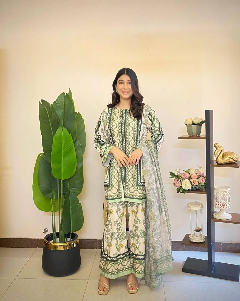 Mehendi Wear Green Color Pure Natural Crepe Matching Digital Printed Co-ord Palazzo Suit Set