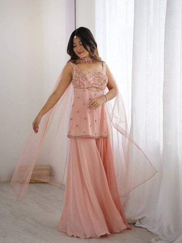 Trendy Wedding Wear Indo Western Peach Color Sequence Embroidered Outfit With Dupatta